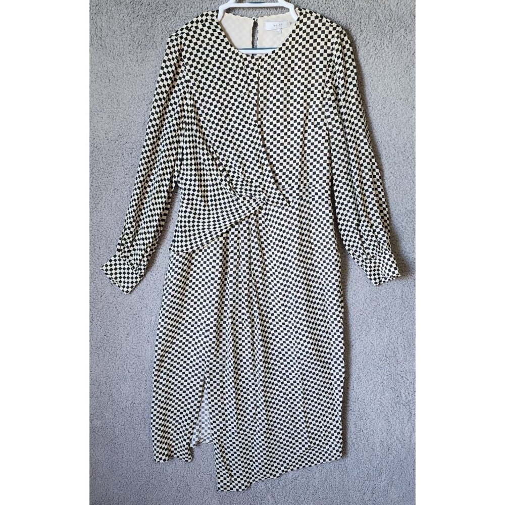 Reiss‎ Women's Sz 10 Dahlia Check Long Sleeve Dress Asymmetrical Hem Black/White - Picture 2 of 16